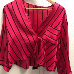 Topshop Pink and Black Striped Silky Top